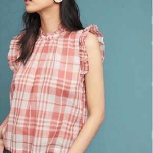 NEW Anthropologie Isabella Sinclair Pink White‎ Plaid Ruffle Sleeveless XS Top
